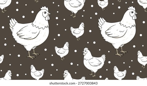 Encantador patrón sin fisuras con pollos blancos dibujados a mano de varios tamaños y lunares sobre un fondo rústico marrón oscuro.