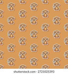  Encantador patrón sin fisuras con pequeños monos de dibujos animados marrones en un estilo de pegatina kawaii sobre un fondo bronceado. Perfecto para la decoración temática de la selva, ropa de los niños y estampados de tela de animales.