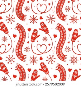 A charming seamless pattern featuring mittens and heart shaped scarves, perfect for Valentines Day. This delightful design captures the warmth and love of the holiday, for romantic themed projects