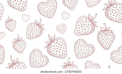 Encantador padrão sem emenda com desenhos contornos de morangos e formas de coração em um estilo de tinta marrom monocromático em um fundo branco.