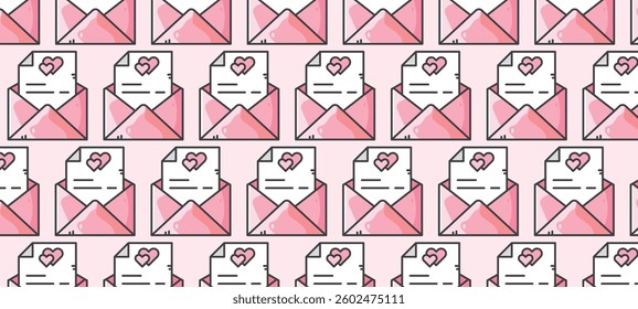 A charming, seamless pattern featuring pink envelopes with shiny highlights, slightly open to reveal white letters decorated with small pink hearts at the top