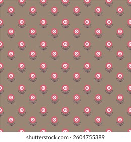 A charming seamless pattern featuring red and white flowers with green leaves on a brown backdrop. Ideal for fabric design, wallpapers, or digital backgrounds due to its subtle and stylish appeal.
