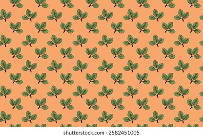 Charming seamless pattern featuring a repeating motif of stylized green leaves on a soft peach background.