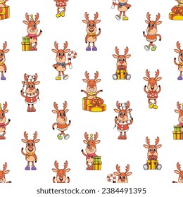 Charming Seamless Pattern Featuring Retro Christmas Deer Cartoon Characters with Festive Elements, Tile Background