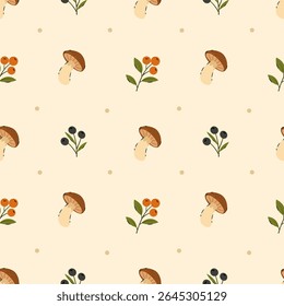 A charming seamless pattern featuring scattered stylized brown mushrooms with light stems, and clusters of bright orange and dark blue berries on branches, interspersed with small brown dots. 
