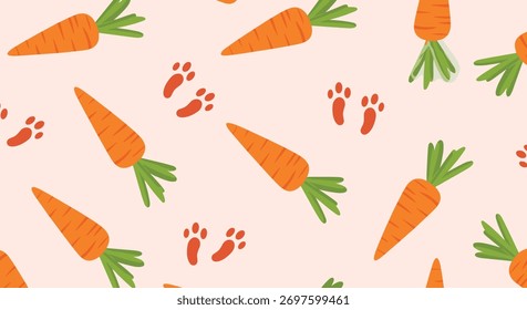 Charming seamless pattern featuring scattered carrots and small animal paw prints, creating a delightful background for farm and children's themes.