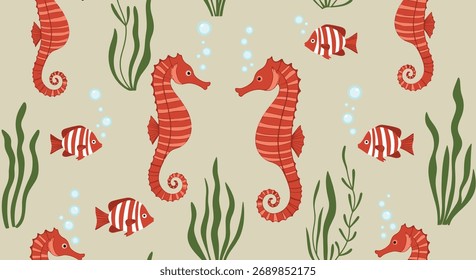 A charming seamless pattern featuring seahorses and fish among seaweed and bubbles.