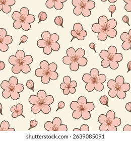 A charming seamless pattern featuring simple, hand-drawn pink cherry blossoms and buds on a light cream background. Perfect for spring-themed designs, textiles, and digital projects.