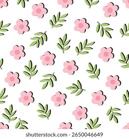 A charming seamless pattern featuring simple pink flowers and green leaves scattered on a white background, ideal for children's designs, textiles, and subtle decor.