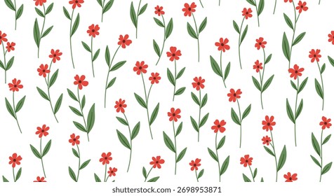 A charming seamless pattern featuring simple red flowers with green stems and leaves against a clean white background, perfect for spring designs.