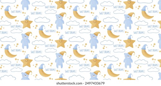 Un encantador patrón sin fisuras con estrellas dormidas, lunas y osos de peluche con gorros nocturnos, acompañado de nubes esponjosas y la frase "¡Dulces sueños!". Este diseño adorable es perfecto para los bebés y k