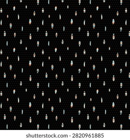 A charming seamless pattern featuring small decorative feathers scattered across a black background with a subtle polka dot texture. The feathers are illustrated in a bohemian-inspired style using turquoise, white, black, and warm orange accents, creating a vibrant contrast against the dark backdrop. The evenly spaced layout gives the design a clean, balanced appearance, making it ideal for fabric, apparel, quilting, home décor, gift wrap, stationery, and other surface pattern applications. The combination of delicate feather motifs and minimal dotted details creates a modern yet playful aesthetic with a touch of tribal and southwestern influence.