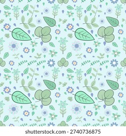 A charming seamless pattern featuring soft pastel flowers, decorative green leaves, and delicate raindrops on a light blue background. Ideal for nursery textiles, baby nursery wallpaper, children's apparel, and DIY crafts
