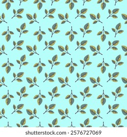 Charming seamless pattern featuring stylized green and olive leaves on a pale teal background.  Perfect for textile design, wrapping paper, or digital projects needing a fresh, botanical touch.