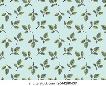 Charming seamless pattern featuring stylized leaves on a pastel blue background.  Perfect for textile design, wallpaper, or website backgrounds. Evokes feelings of serenity and nature.