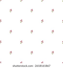 Charming seamless pattern featuring tiny pink flowers with green leaves on a white background. Ideal for fabric designs, , and creative projects requiring a delicate and pretty floral motif.