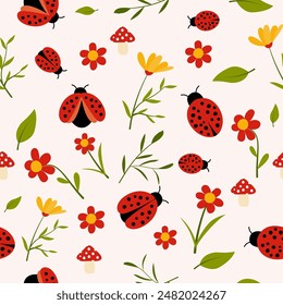 A charming seamless pattern featuring vibrant ladybugs set against a lively backdrop. 