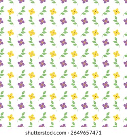 A charming seamless pattern featuring vibrant purple and yellow flowers accented by green leaves, set against a clean white background. Ideal for nature-inspired designs, textiles, wallpapers
