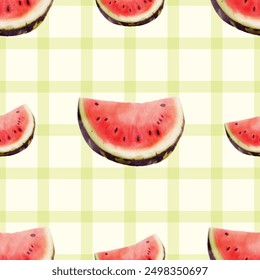 A charming seamless pattern featuring watercolor illustrations of watermelon slices against a light green plaid background. This playful and vibrant design combines the fresh look of juicy watermelon.