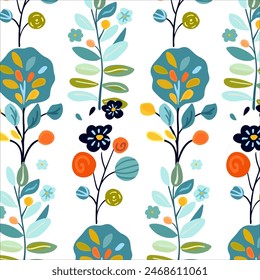 Charming seamless pattern featuring whimsical plants and flowers in bright, vibrant colors. Ideal for spring designs, textiles, and wallpapers. Captures a fresh and playful vibe with folk art
