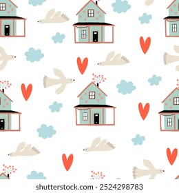 Charming seamless pattern featuring whimsical houses, flying birds, red hearts, and blue clouds. Ideal for textiles, wallpapers, and children's designs. Offers a playful and cozy atmosphere