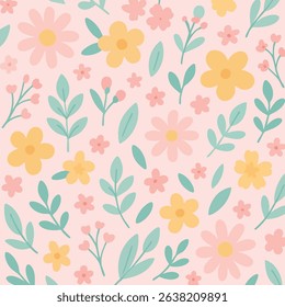 A charming seamless pattern featuring whimsical floral illustrations in a pastel minimal style—perfect for modern designs.