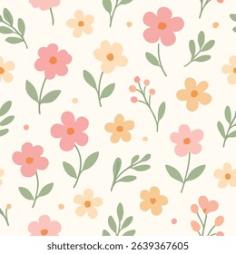 A charming seamless pattern featuring whimsical floral illustrations in a pastel minimal style—perfect for modern designs.