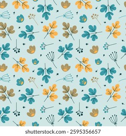 A charming seamless pattern featuring yellow, teal, and brown flowers with leaves and berries on a light blue background. Cozy autumn decor, fabric, wallpaper, and seasonal flat illustration