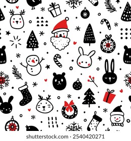 A charming seamless pattern filled with whimsical holiday doodles in black and white, accented with touches of red.