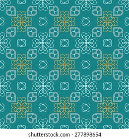 Charming seamless pattern with flowers of hearts. Gentle feminine print. Dull blue, white, mustard colors