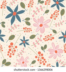 Charming seamless pattern with flowers, twigs and leaves. Vector design.