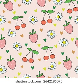A charming seamless pattern hand-drawn strawberries, cherries, white daisies, and colorful heart shapes on a soft pastel .This playful and kawaii-style, fresh, cheerful ideal for spring and summer