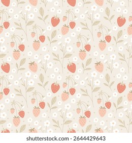 Charming seamless pattern with hand-drawn strawberries, daisies, and delicate leaves in warm pastel tones on a creamy background. Perfect  summer stationery, vintage wrapping paper, or cottagecore
