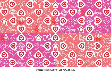 Charming seamless pattern of hearts, kisses, and love symbols in pink and red tones, perfect for Valentine’s designs, wrapping paper, and romantic decorations.