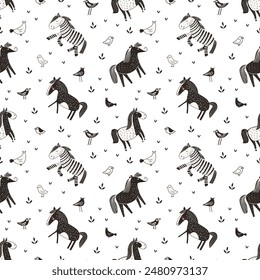 Charming seamless pattern with horses and birds