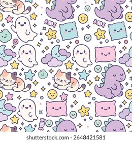 A charming seamless pattern in a Japanese kawaii style, featuring cute doodle characters like cats, ghosts, and dinosaurs. The dreamy pastel color palette makes it perfect for nursery decor or kids