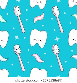 Charming seamless pattern with kawaii tooth and toothbrush, toothpaste.