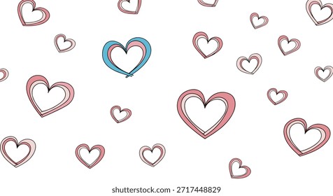 Encantador patrón sin fisuras de corazones en capas de color rosa y azul esparcidos a través de un fondo blanco limpio para un diseño romántico.