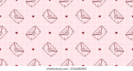 Encantador patrón sin fisuras con letras de amor y corazones pequeños en una cuadrícula rosa suave, perfecto para tarjetas de San Valentín, papelería romántica, envoltura de regalo y dulces diseños decorativos.
