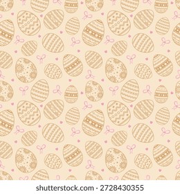 Charming seamless pattern with monochrome decorated Easter eggs pink bows and hearts on vintage paper texture for nursery decor and spring textiles.