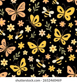 A charming seamless pattern with orange and yellow butterflies, buzzing bees, and delicate flowers scattered on a dark background, ideal for textiles, decor, and kids' items.