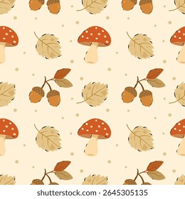 Um charmoso padrão sem costura perfeito para o outono, com cogumelos de manchas vermelhas dispersas (como a mosca agárica), bolotas marrons em ramos, e folhas de outono bege estilizado, juntamente com pequenos pontos.  