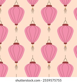 Charming seamless pattern with pink Chinese lanterns on soft peach background in flat style. Ideal for festive decor, stationery, textile and gift wrapping design.