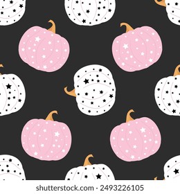 Charming seamless pattern with pink and white pumpkins with star patterns on a dark background. Ideal for Halloween, autumn decorations, and festive design projects. Vector illustration.