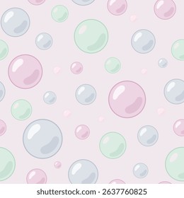 A charming seamless pattern of playful pastel bubbles or spheres in various sizes. Presented in soft pink green and blue tones on a gentle pink background. This repeating design creates a cheerful whi