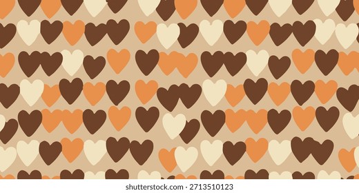 Un encantador patrón sin fisuras de corazones dispersos en cálidos tonos tierra de marrón, naranja y beige, perfecto para diversas aplicaciones de diseño
