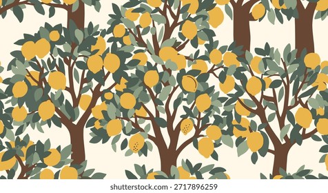 Charmoso padrão sem emenda mostrando um bosque de limoeiros com frutos amarelos brilhantes e folhagem verde-escura em um fundo creme.
