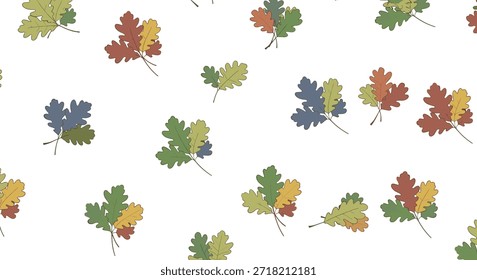 Charmantes, nahtloses Muster aus kleinen Gruppen von drei Eichenblättern in Herbstfarben wie Grün, Gelb und Rot auf einem sauberen, weißen Hintergrund.