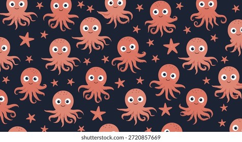 Charmantes, nahtloses Muster aus lächelnden rosa Tintenfischen und orangefarbenen Seestern, die zusammen in einem tiefblauen Ozean schwimmen.