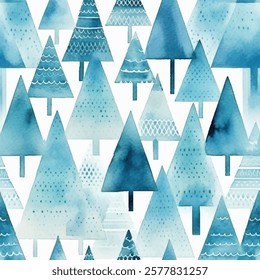 Charming seamless pattern of stylized evergreen trees for seasonal designs. Shades of blue textured watercolor background for various crafts and projects, for wrapping paper, greeting cards or textile